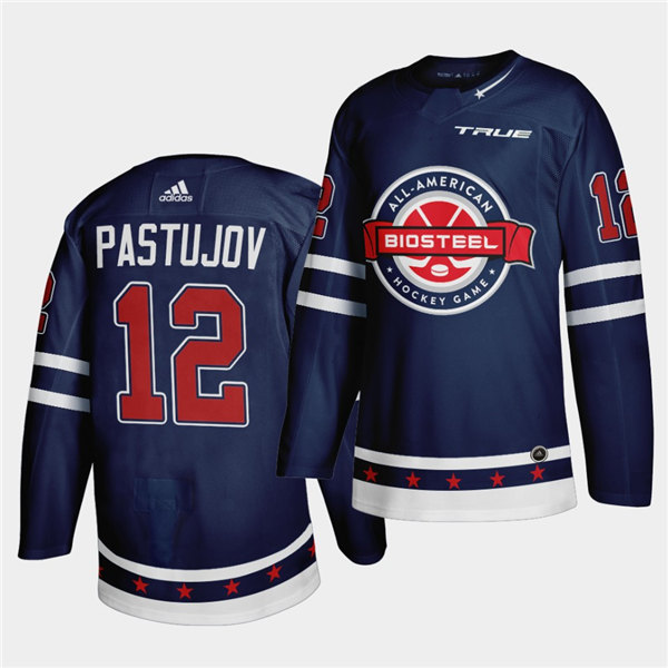 Mens BioSteel All-American Hockey #12 Sasha Pastujov Adidas 2021 Navy Game Jersey