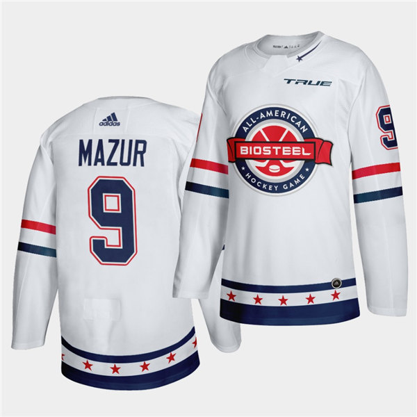 Mens BioSteel All-American Hockey #9 Carter Mazur Adidas White Game Jersey
