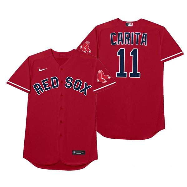 Mens Boston Red Sox #11 Rafael Devers Nike Red 2021 Players' Weekend Nickname Carita Jersey
