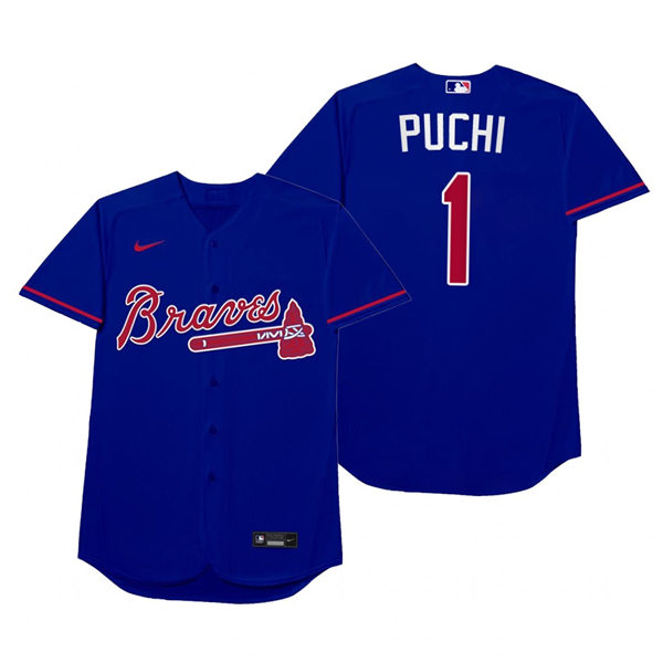 Mens Atlanta Braves #1 Ozzie Albies Nike Royal 2021 Players' Weekend Nickname Puchi Jersey