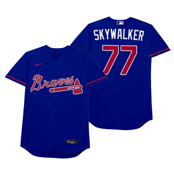 Mens Atlanta Braves #77 Luke Jackson Nike Royal 2021 Players' Weekend Nickname Skywalker Jersey