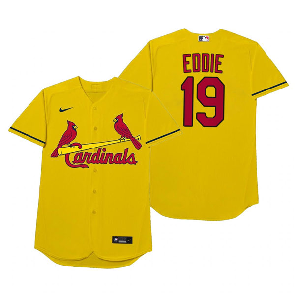Mens St. Louis Cardinals #19 Tommy Edman Nike Gold 2021 Players' Weekend Nickname Eddie Jersey