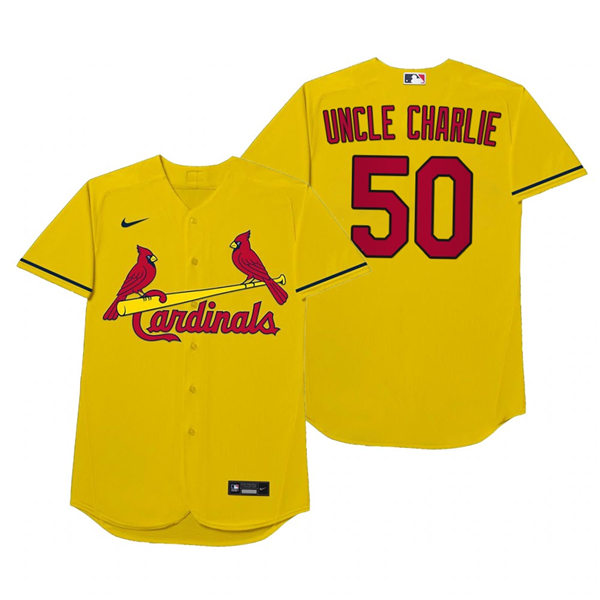 Mens St. Louis Cardinals #50 Adam Wainwright Nike Gold 2021 Players' Weekend Nickname Uncle Charlie Jersey