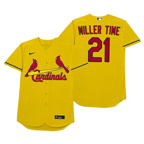 Mens St. Louis Cardinals #21 Andrew Miller Nike Gold 2021 Players' Weekend Nickname Miller Time Jersey