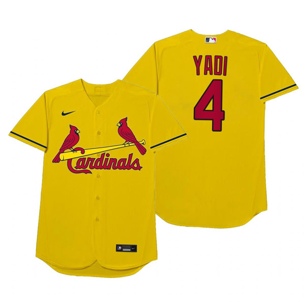 Mens St. Louis Cardinals #4 Yadier Molina Nike Gold 2021 Players' Weekend Nickname Yadi Jersey