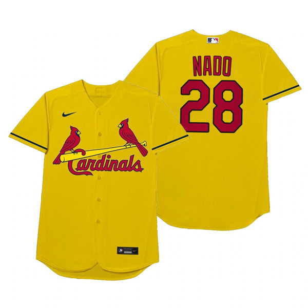 Mens St. Louis Cardinals #28 Nolan Arenado Nike Gold 2021 Players' Weekend Nickname Nado Jersey