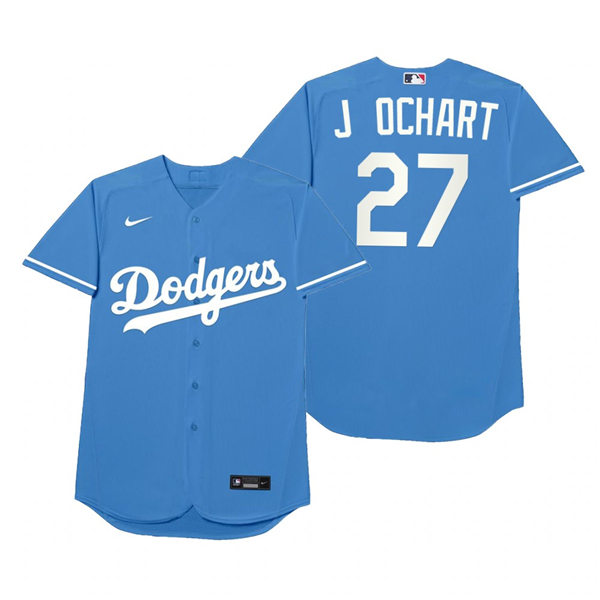 Mens Los Angeles Dodgers #27 Trevor Bauer Nike Royal 2021 Players' Weekend Nickname J Ochart Jersey