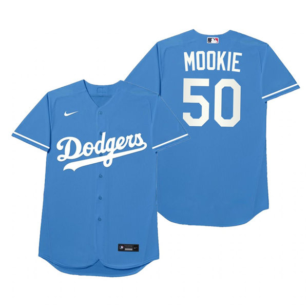 Mens Los Angeles Dodgers #50 Mookie Betts Nike Royal 2021 Players' Weekend Nickname Mookie Jersey