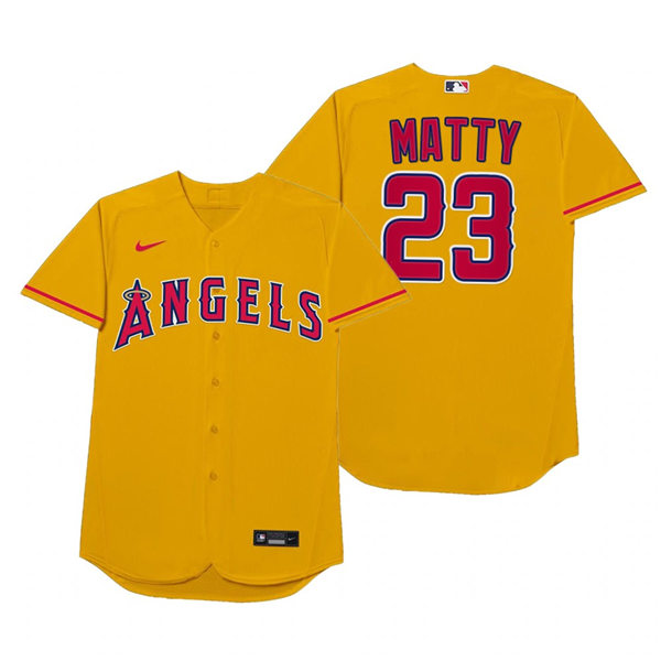 Mens Los Angeles Angels #23 Matt Thaiss Nike Gold 2021 Players' Weekend Nickname Matty Jersey