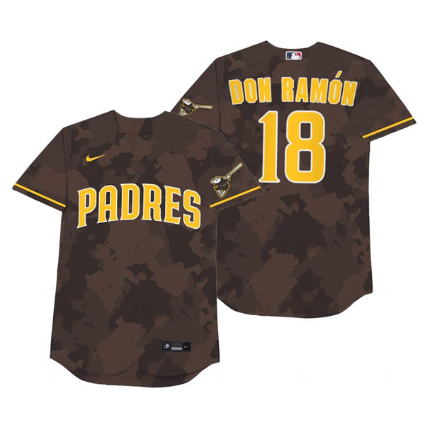 Mens San Diego Padres #18 Pedro Florimon Nike Brown Camo 2021 Players' Weekend Nickname Don Ramon Jersey