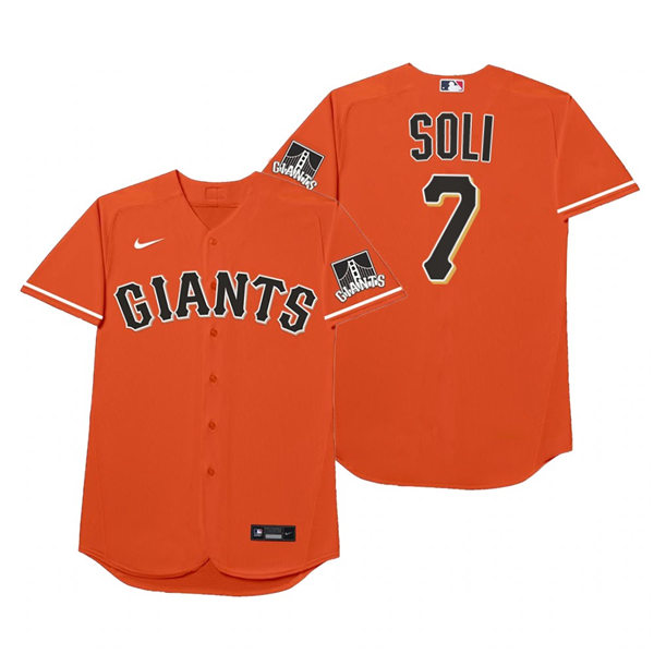 Mens San Francisco Giants #7 Donovan Solano Nike Orange 2021 Players' Weekend Nickname Soli Jersey