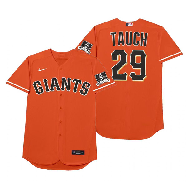 Mens San Francisco Giants #29 Mike Tauchman Nike Orange 2021 Players' Weekend Nickname Tauch Jersey