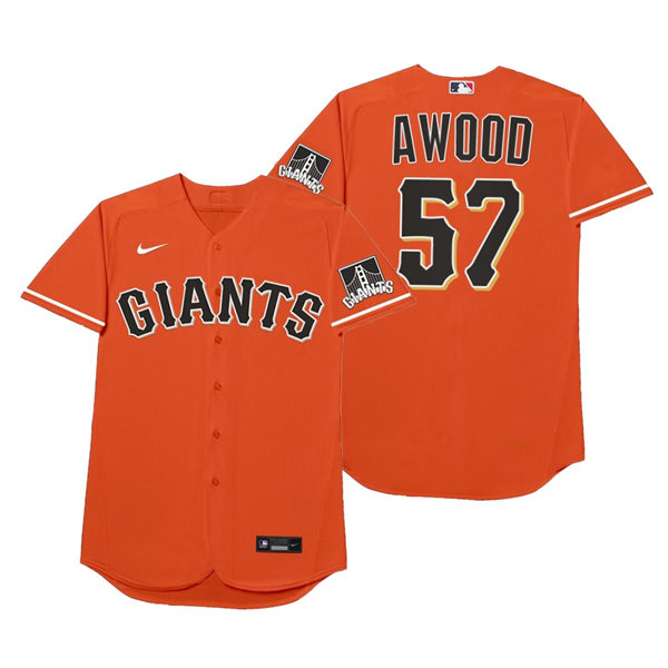 Mens San Francisco Giants #57 Alex Wood Nike Orange 2021 Players' Weekend Nickname Awood Jersey