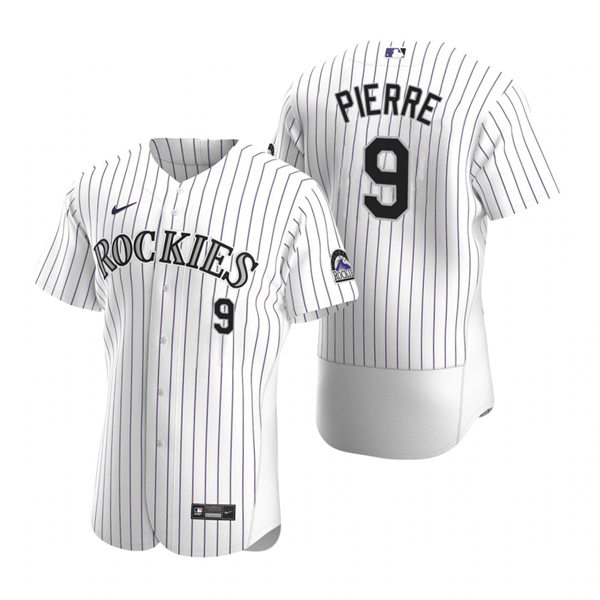 Mens Colorado Rockies Retired Player #9 Juan Pierre Nike White Pinstripe Home FlexBase Jersey