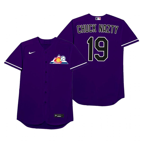 Mens Colorado Rockies #19 Charlie Blackmon Nike Purple 2021 Players' Weekend Nickname Chuck Nazty Jersey