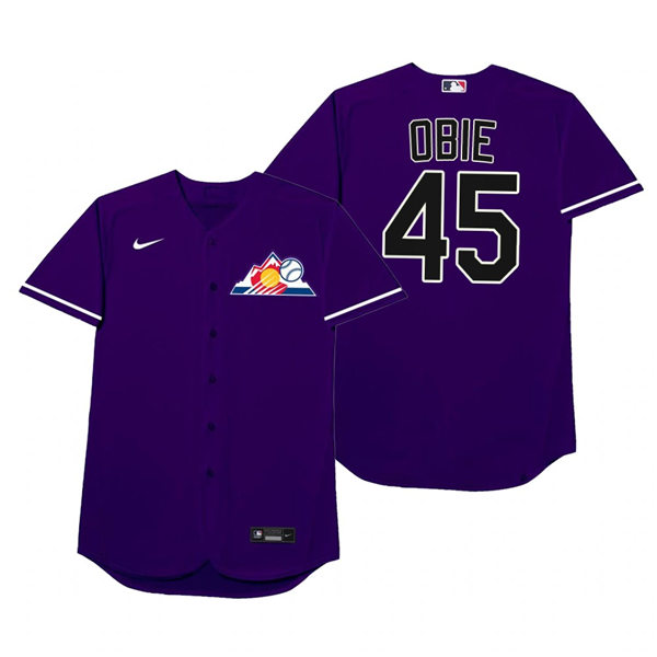 Mens Colorado Rockies #45 Scott Oberg Nike Purple 2021 Players' Weekend Nickname Obie Jersey