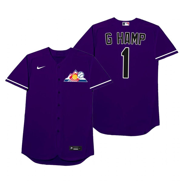 Mens Colorado Rockies #1 Garrett Hampson Nike Purple 2021 Players' Weekend Nickname G Hamp Jersey