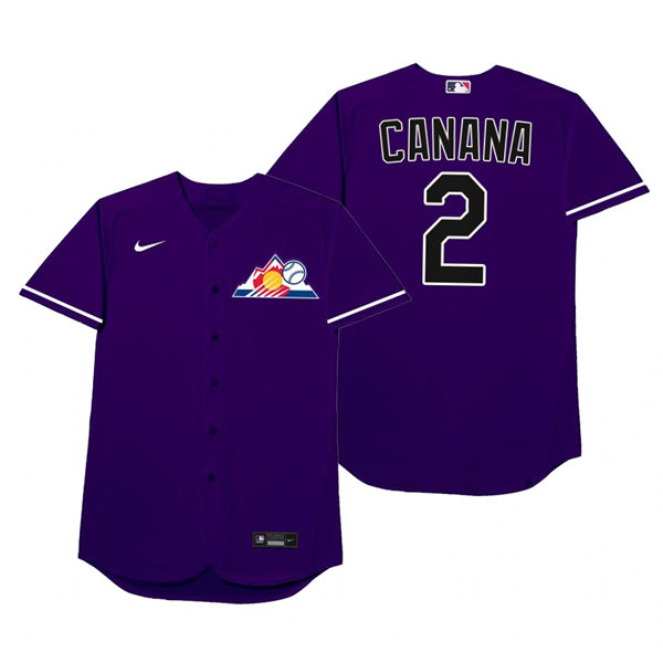 Mens Colorado Rockies #2 Yonathan Daza Nike Purple 2021 Players' Weekend Nickname Canana Jersey