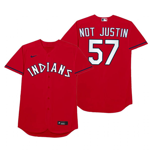 Mens Cleveland Indians #57 Shane Bieber Nike Red 2021 Players' Weekend Nickname Not Justin Jersey