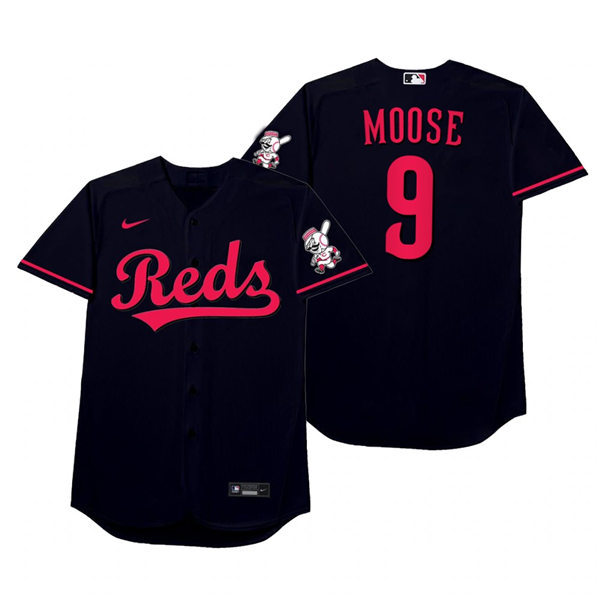 Mens Cincinnati Reds #9 Mike Moustakas Nike Black 2021 Players' Weekend Nickname Moose Jersey