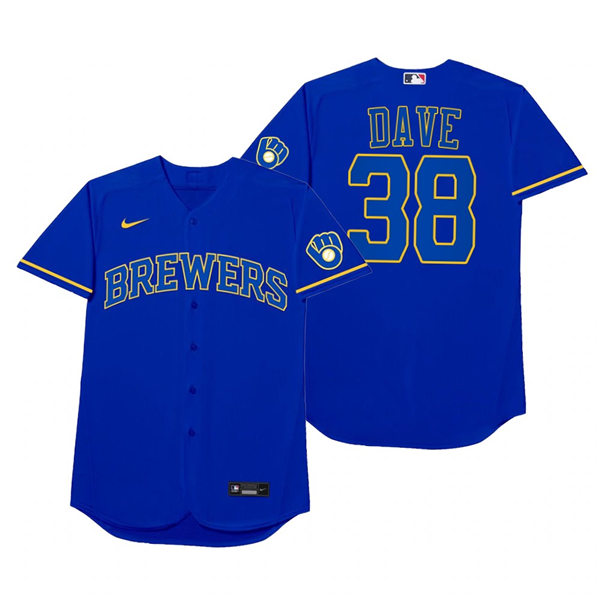 Mens Milwaukee Brewers #38 Devin Williams Nike Royal 2021 Players' Weekend Nickname Dave Jersey