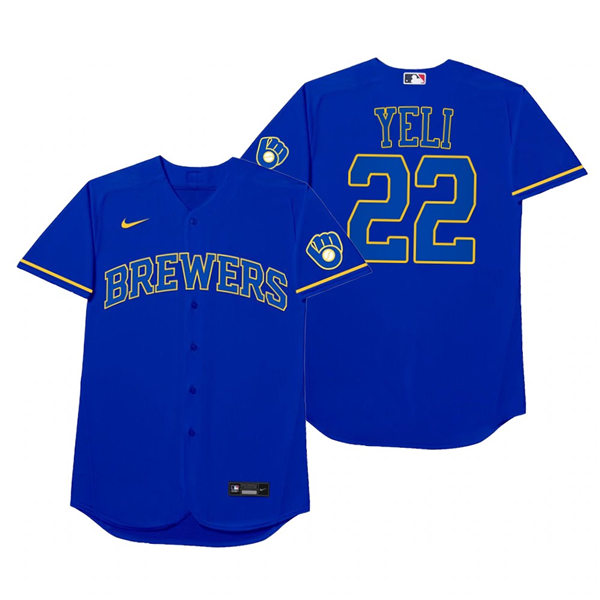 Mens Milwaukee Brewers #22 Christian Yelich Nike Royal 2021 Players ...