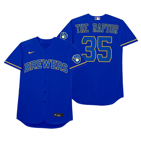 Mens Milwaukee Brewers #35 Brent Suter Nike Royal 2021 Players' Weekend Nickname The Raptor Jersey