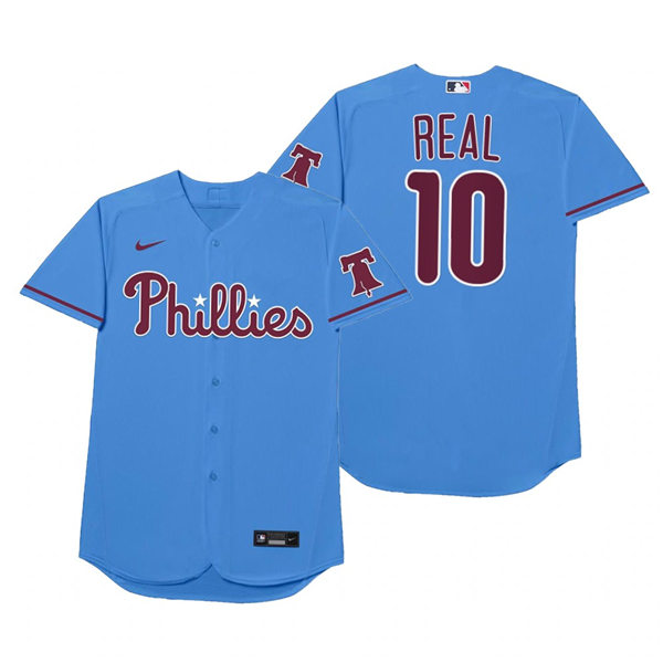 Mens Philadelphia Phillies #10 J.T. Realmuto Nike Powder Blue 2021 Players' Weekend Nickname Real Jersey
