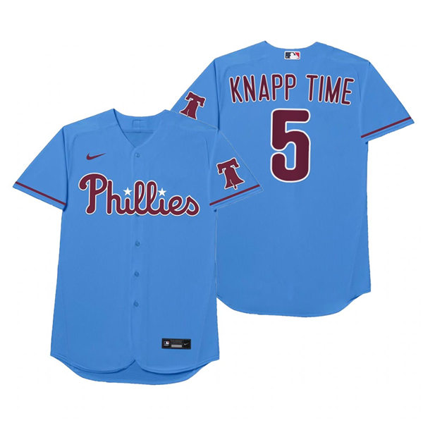 Mens Philadelphia Phillies #5 Andrew Knapp Nike Powder Blue 2021 Players' Weekend Nickname Knapp Time Jersey