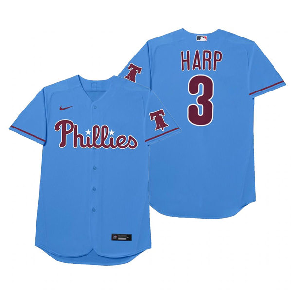 Mens Philadelphia Phillies #3 Bryce Harper Nike Powder Blue 2021 Players' Weekend Nickname Harp Jersey