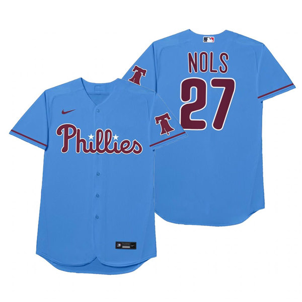 Mens Philadelphia Phillies #27 Aaron Nola Nike Powder Blue 2021 Players' Weekend Nickname Nols Jersey