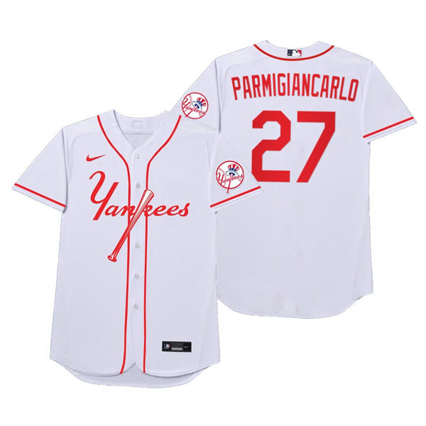 Mens New York Yankees #27 Giancarlo Stanton Nike White 2021 Players' Weekend Nickname Parmigiancarlo Jersey