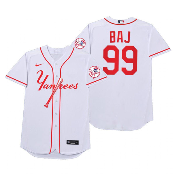 Mens New York Yankees #99 Aaron Judge Nike White 2021 Players' Weekend Nickname BAJ Jersey