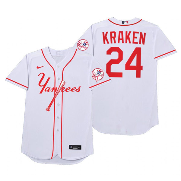 Mens New York Yankees #24 Gary Sanchez Nike White 2021 Players' Weekend Nickname Kraken Jersey