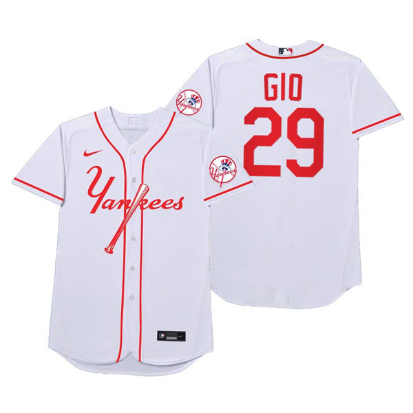 Mens New York Yankees #29 Gio Urshela Nike White 2021 Players' Weekend Nickname Gio Jersey