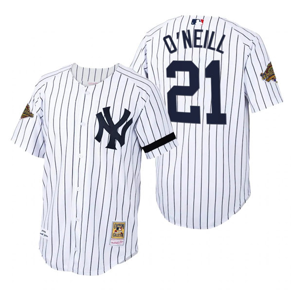 Mens New York Yankees #21 Paul O'Neill White Pinstripe Mitchell & Ness Cooperstown 1996 World Series Game Jersey