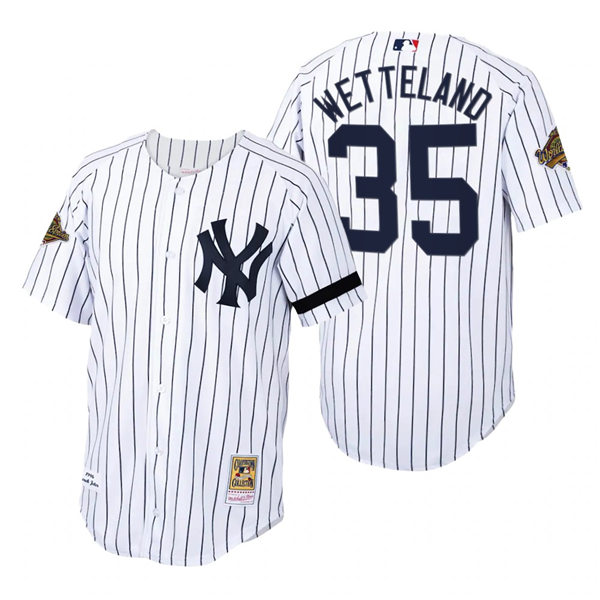 Mens New York Yankees #35 John Wetteland White Pinstripe Mitchell & Ness Cooperstown 1996 World Series Game Jersey