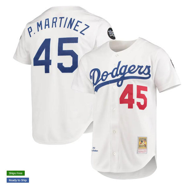 Mens Los Angeles Dodgers #45 Pedro Martinez Home White Mitchell & Ness 1993 Cooperstown Collection Jersey