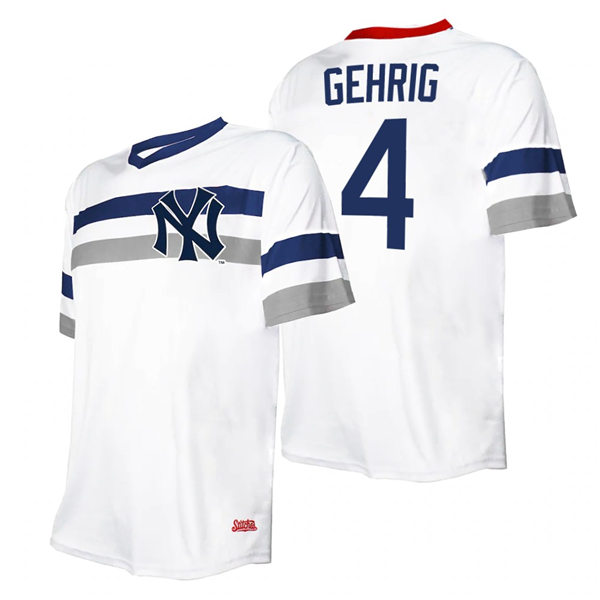 Mens New York Yankees #4 Lou Gehrig Stitched White Cooperstown Collection V-Neck Jersey