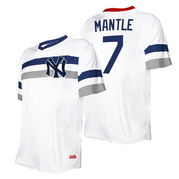 Mens New York Yankees #7 Mickey Mantle Stitched White Cooperstown Collection V-Neck Jersey