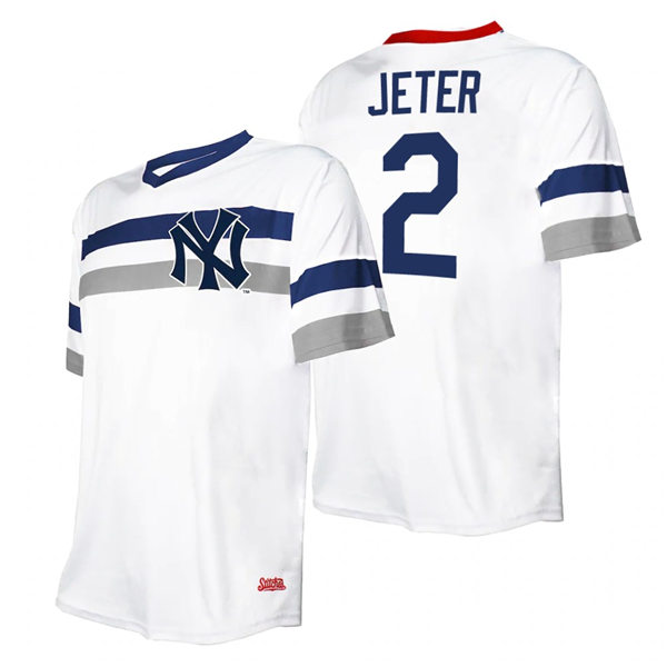 Mens New York Yankees #2 Derek Jeter Stitched White Cooperstown Collection V-Neck Jersey