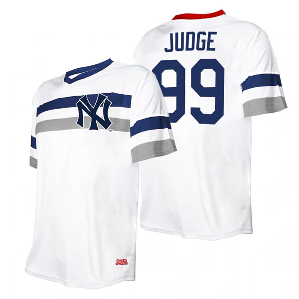 Mens New York Yankees #99 Aaron Judge Stitched White Cooperstown Collection V-Neck Jersey
