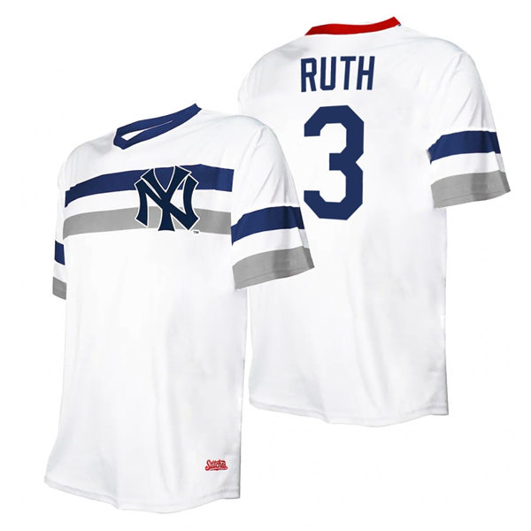 Mens New York Yankees #3 Babe Ruth Stitched White Cooperstown Collection V-Neck Jersey