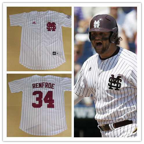 Mens Youth Mississippi State Bulldogs Custom 2012-17 White Pinstripe MS Adidas Full-button Baseball Jersey