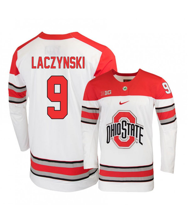 Mens Ohio State Buckeyes #9 Tanner Laczynski Nike 2019 White Hockey Jersey