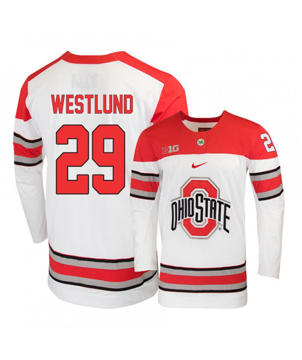 Mens Ohio State Buckeyes #29 Gustaf Westlund Nike 2019 White Hockey Jersey