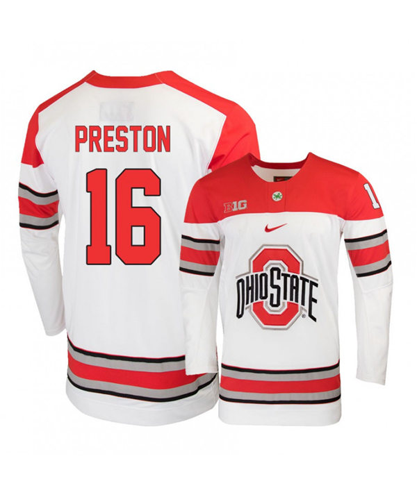 Mens Ohio State Buckeyes #16 Quinn Preston Stitched Nike 2019 White Hockey Jersey