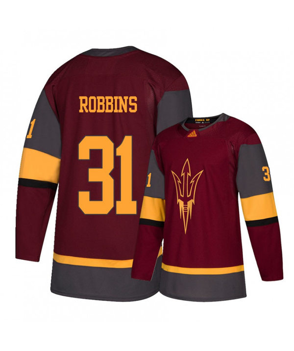 Mens Arizona State Sun Devils #31 Justin Robbins Stitched Adidas Maroon Hockey Jersey