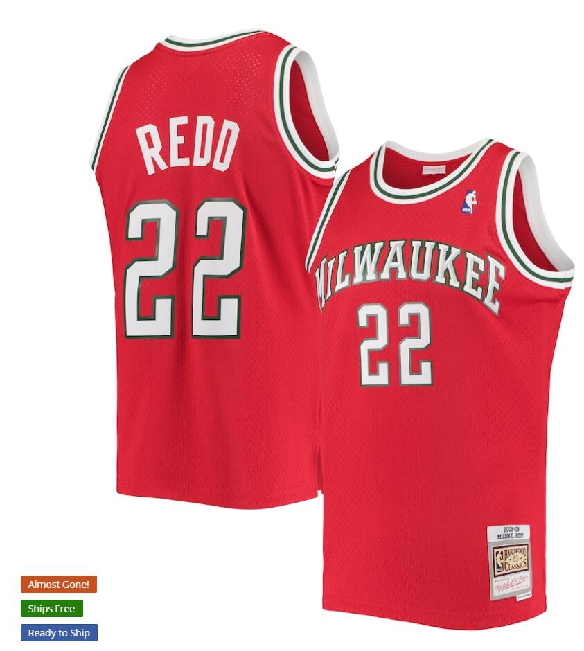 Mens Milwaukee Bucks #22 Michael Redd Mitchell & Ness Red 2008-09 Hardwood Classics Jersey