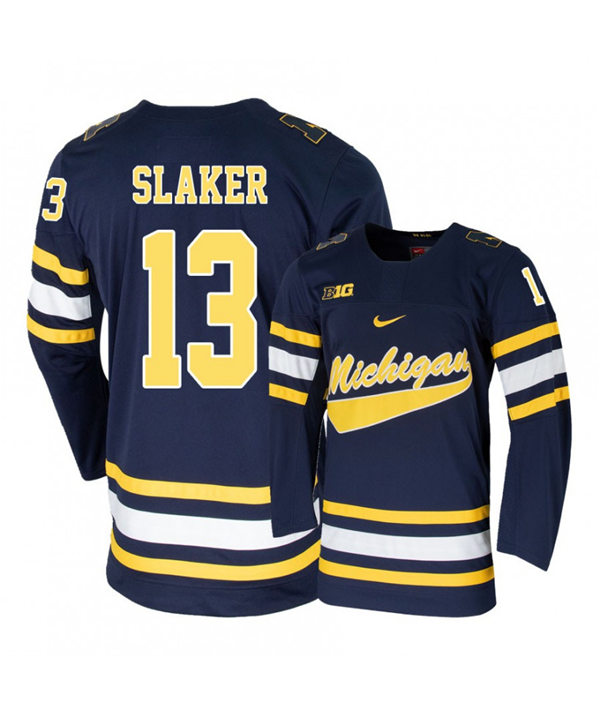Mens Michigan Wolverines #13 Jake Slaker Stitched Nike Navy Hockey Jersey